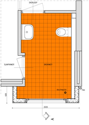 renovatie badkamers Cuijk : plattegrond met optie douche : odeon architecten